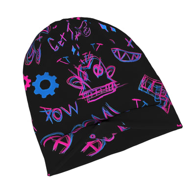 Black slouch beanie with scattered graffiti symbols in pink and blue