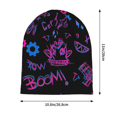 Black slouch beanie with graffiti print; size shown as 10.6in/26.8cm