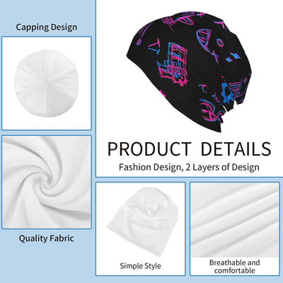 Black slouch beanie with graffiti print; product details layout for quality and comfort