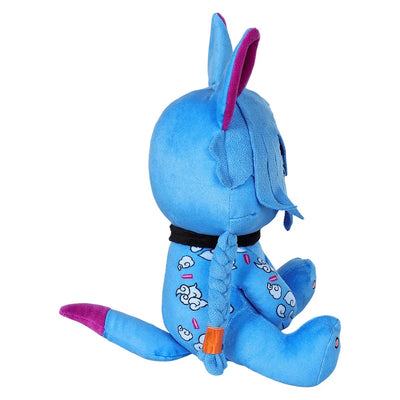 Blue cat spirit plush side view with purple ears, orange hand accents and cloud print