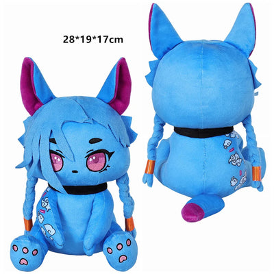 Blue chibi spirit plush shown from front and back, purple ears and black collar