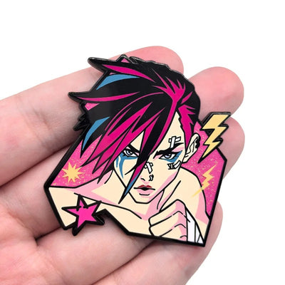 Magenta-haired character enamel pin held in hand