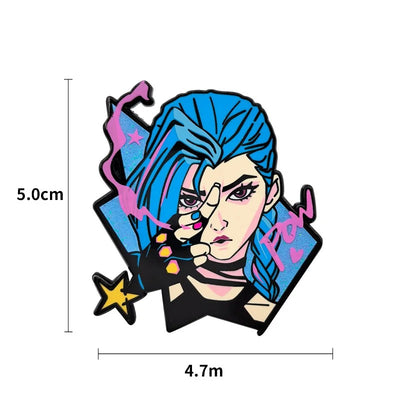 Blue-haired character enamel pin with size dimensions marked