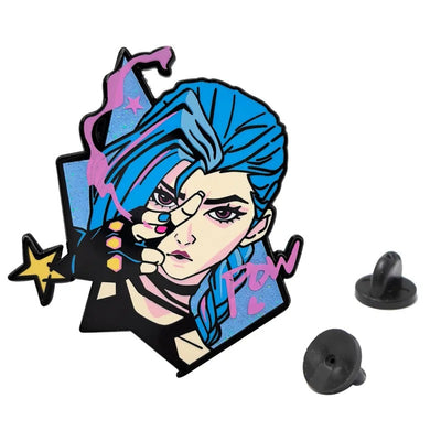 Blue-haired character enamel pin with two included pin backs