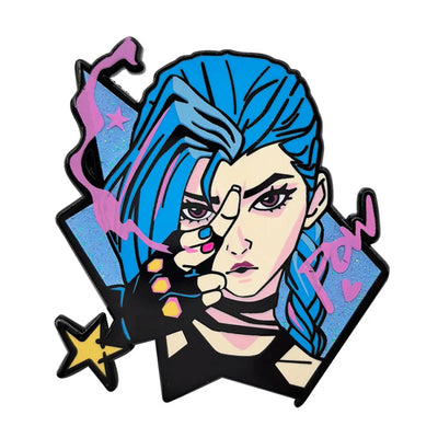 Blue-haired character enamel pin with pink star and lightning details