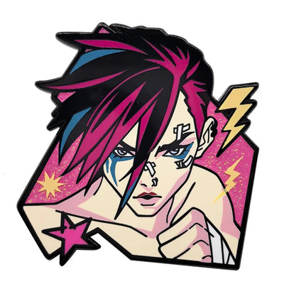 Magenta-haired character enamel pin with star and lightning bolt details