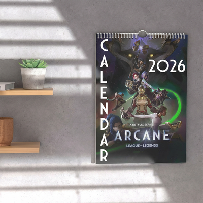 2026 wall calendar with character cover art, “2026” title, and hanging clip at top