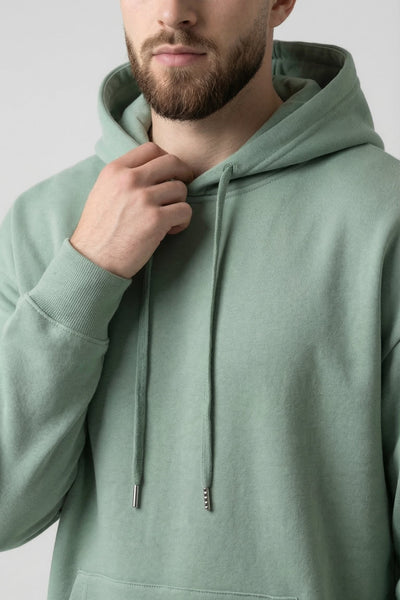Person wearing a light green hoodie against a plain background