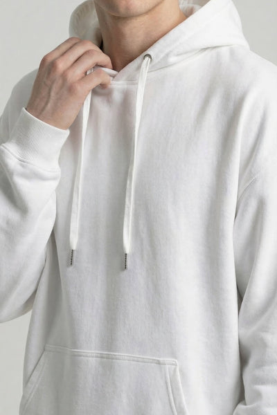 Person wearing a white hoodie against a plain background