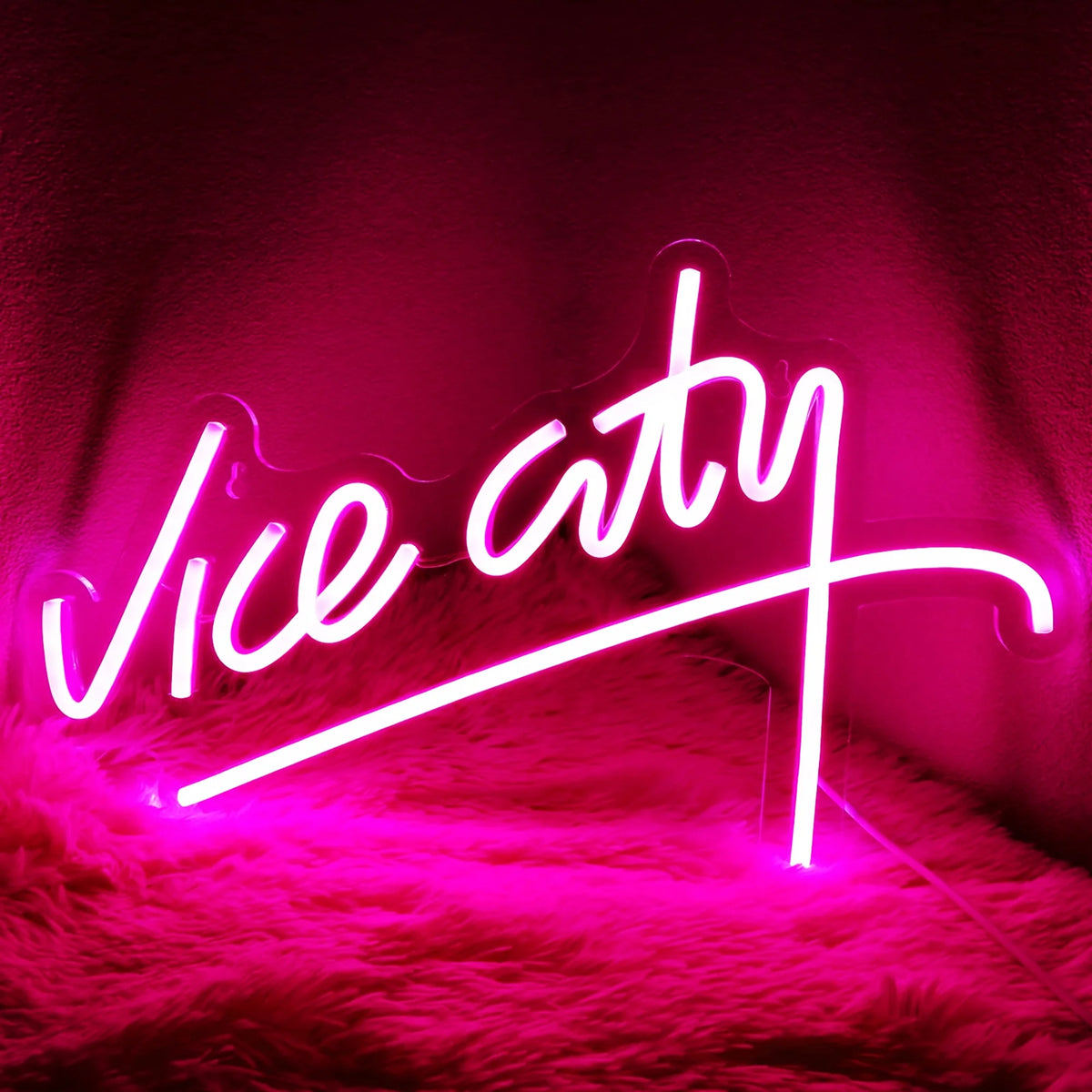Neon sign with 'Vice City' text on a dark background