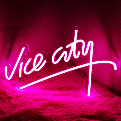 Neon sign with 'Vice City' text on a dark background