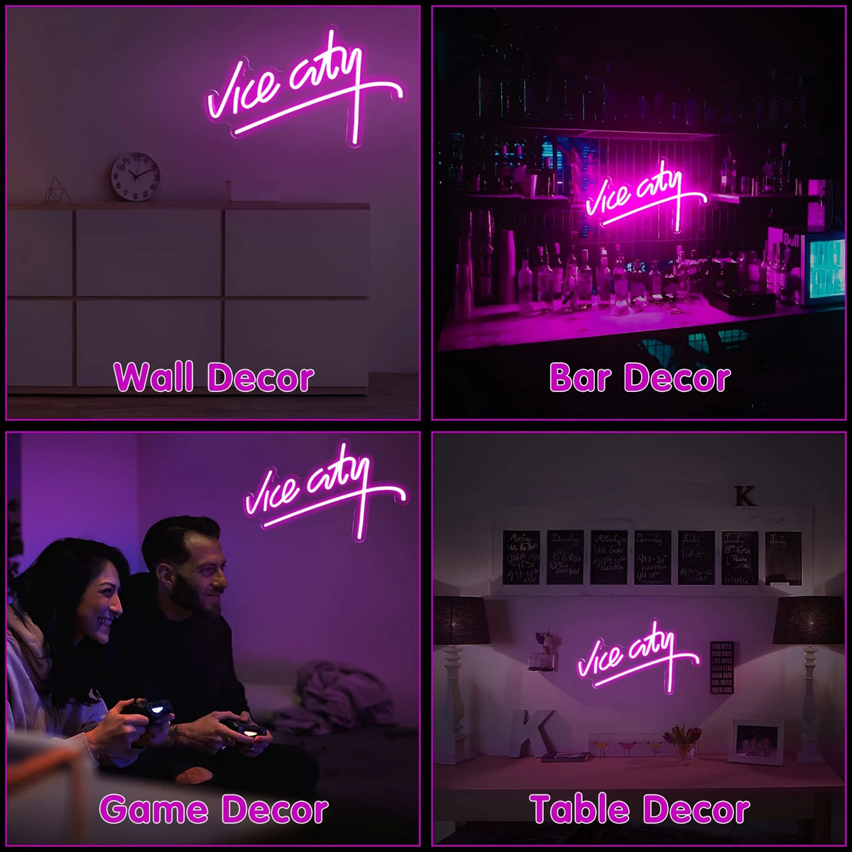 Collage of 'Vice City' neon sign in various settings including wall, bar, game, and table decor.