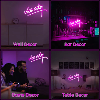 Collage of 'Vice City' neon sign in various settings including wall, bar, game, and table decor.
