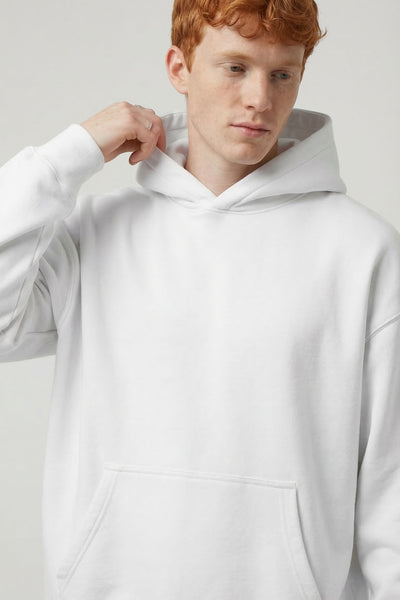 Person wearing a white hoodie against a plain background