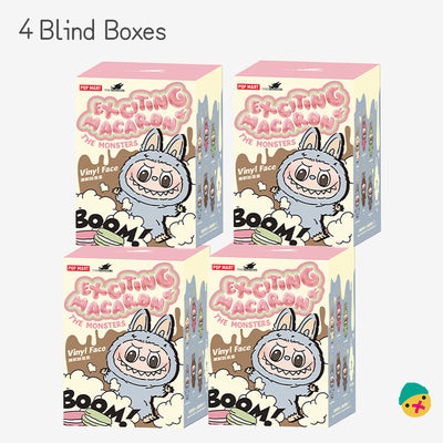 Four Exciting Macaron blind box packages with bunny vinyl face graphics