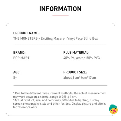 Product information card for vinyl face blind box toy, with materials and size