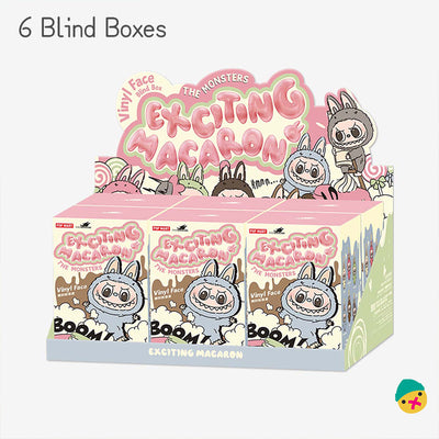 Six Exciting Macaron blind box packages with bunny vinyl face artwork