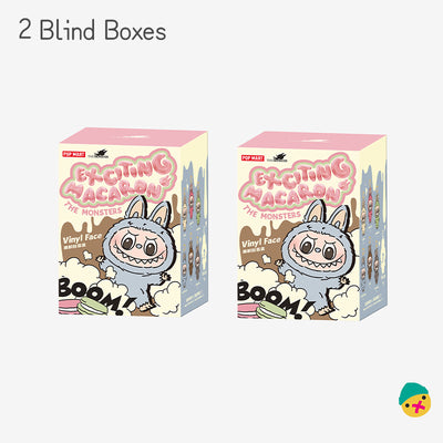Two Exciting Macaron blind box packages with bunny vinyl face artwork