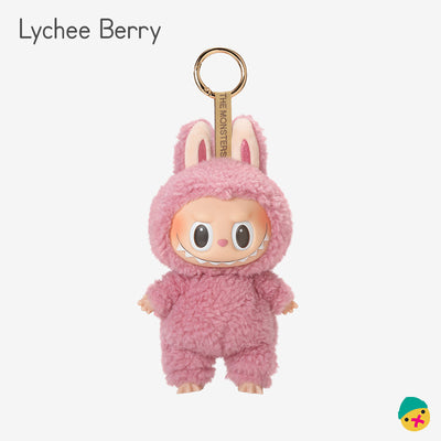 Lychee berry plush-style monster vinyl keychain toy, pink hooded outfit and big eyes