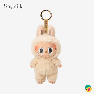 Soymilk plush-style monster vinyl keychain toy, cream fuzzy hood and bunny ears