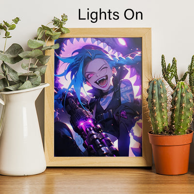 Wooden-framed anime LED light painting with blue/purple lit character