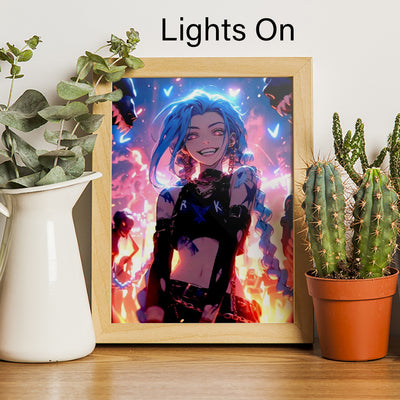 Framed LED light painting of anime character with glowing blue and pink light, lights on