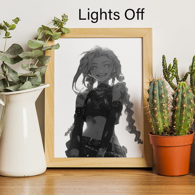 Framed LED light painting of anime character, grayscale print, lights off