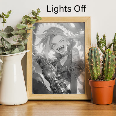Wooden-framed anime LED light painting with lights off, gray character art