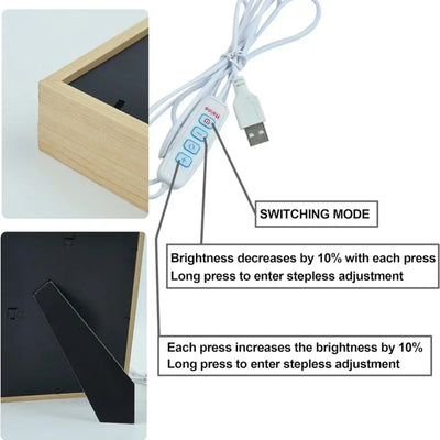 Wood-framed LED light canvas with USB cable and control switch box
