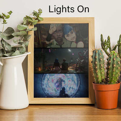 LED light canvas in wood frame, characters glow with colorful illustration
