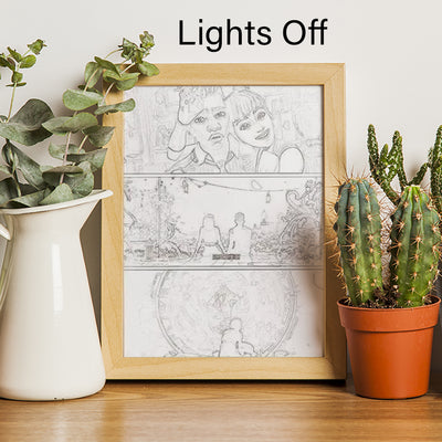 LED light canvas in wood frame, artwork unlit with pencil sketch lines