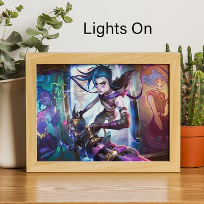 Arcane Jinx LED lighting canvas, wooden frame with glowing character illustration