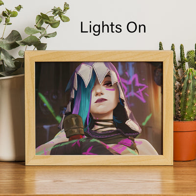 LED lighting canvas with framed portrait, purple-lit face, colorful glow lines