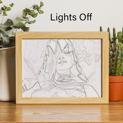 LED lighting canvas with framed portrait, gray line art sketch, lights off