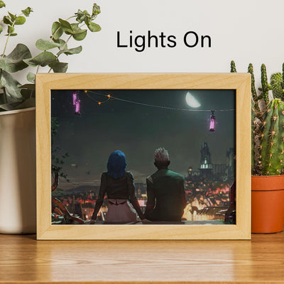 Wood-framed LED light canvas with glowing purple string lights in night scene
