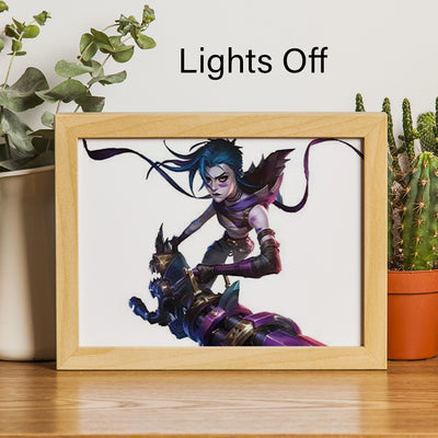 Arcane Jinx LED lighting canvas, wooden frame with character illustration, lights off