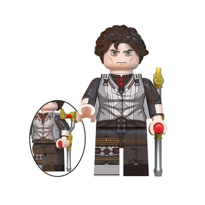 Brown-haired character building blocks figure with gray outfit and yellow flame accessory
