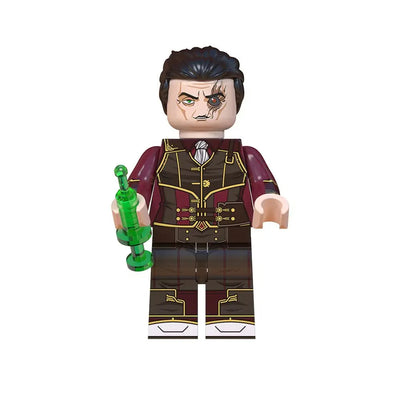 Character building blocks figure with dark hair, maroon coat, and green bottle accessory