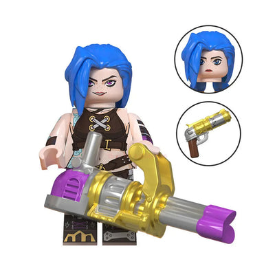 Blue-haired character building blocks figure with cannon accessory and purple arm details