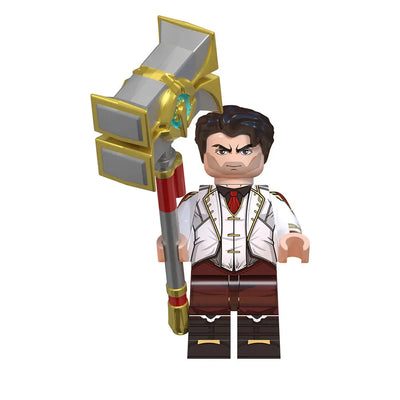 White-shirt character building blocks figure with gold briefcase-like accessories and red cylinder