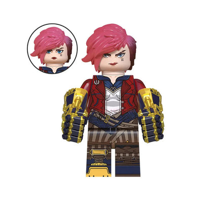 Pink-haired character building blocks figure with red jacket and gold armored gauntlets