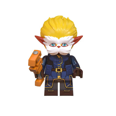 Spiky blond hair character building blocks figure with blue vest and brown sidearm accessory