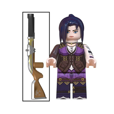 Purple-clad character building blocks figure with dark hair and long rifle accessory