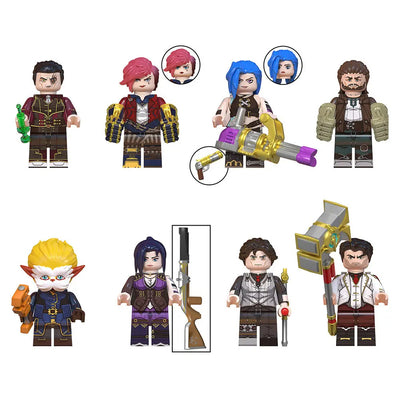 Multi-character building blocks set featuring various outfits, pistols, rifles, and gauntlets
