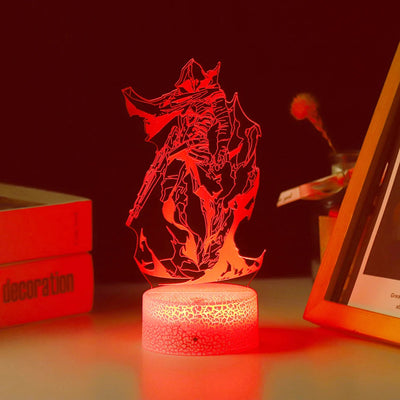 Acrylic LED light with gaming character silhouette, glowing red on textured base