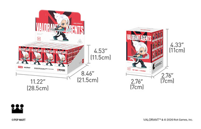 A dimension diagram showing two boxes of ValorAgents collectible figures on a white background, with measurements labeled in inches and centimeters. The left box is a larger display-style retail box, and the right box is a single-pack style box.