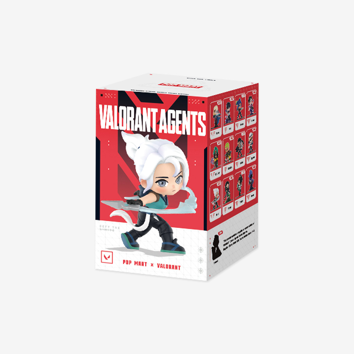 A collectible blind box for a Pop Mart x Valorant collaboration, featuring a stylized chibi illustration of Pop Mart's Agent Killjoy on the front, with red and white packaging and a display of various character options on the side.