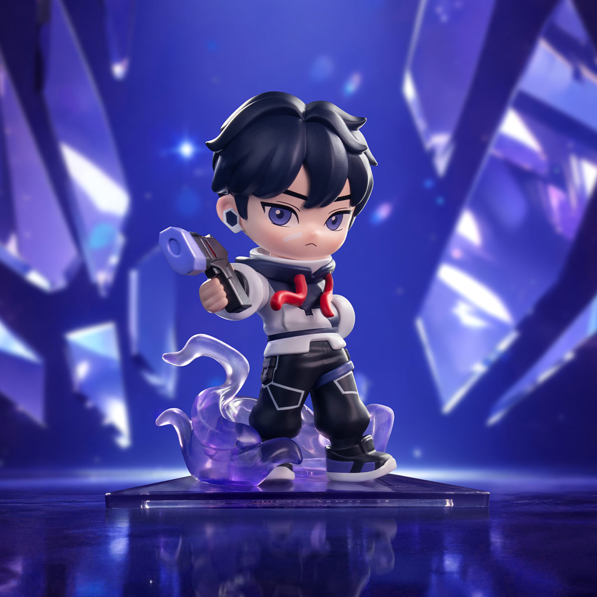 Iso A stylized chibi figurine of a young male character with black hair and blue eyes, wearing a white and black outfit with a red chest accent, posed holding a small device and standing on a translucent purple base against a glowing blue-purple crystalline background.