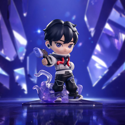 Iso A stylized chibi figurine of a young male character with black hair and blue eyes, wearing a white and black outfit with a red chest accent, posed holding a small device and standing on a translucent purple base against a glowing blue-purple crystalline background.