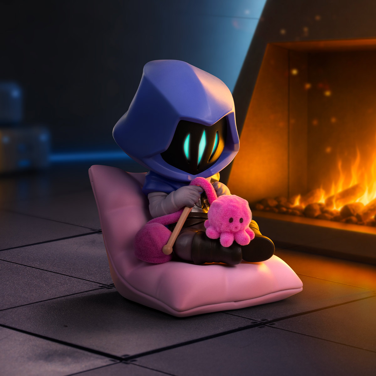 Omen A stylized 3D-rendered character in a blue hooded outfit sits on a pink cushion in front of a glowing fireplace, holding a pink plush toy.